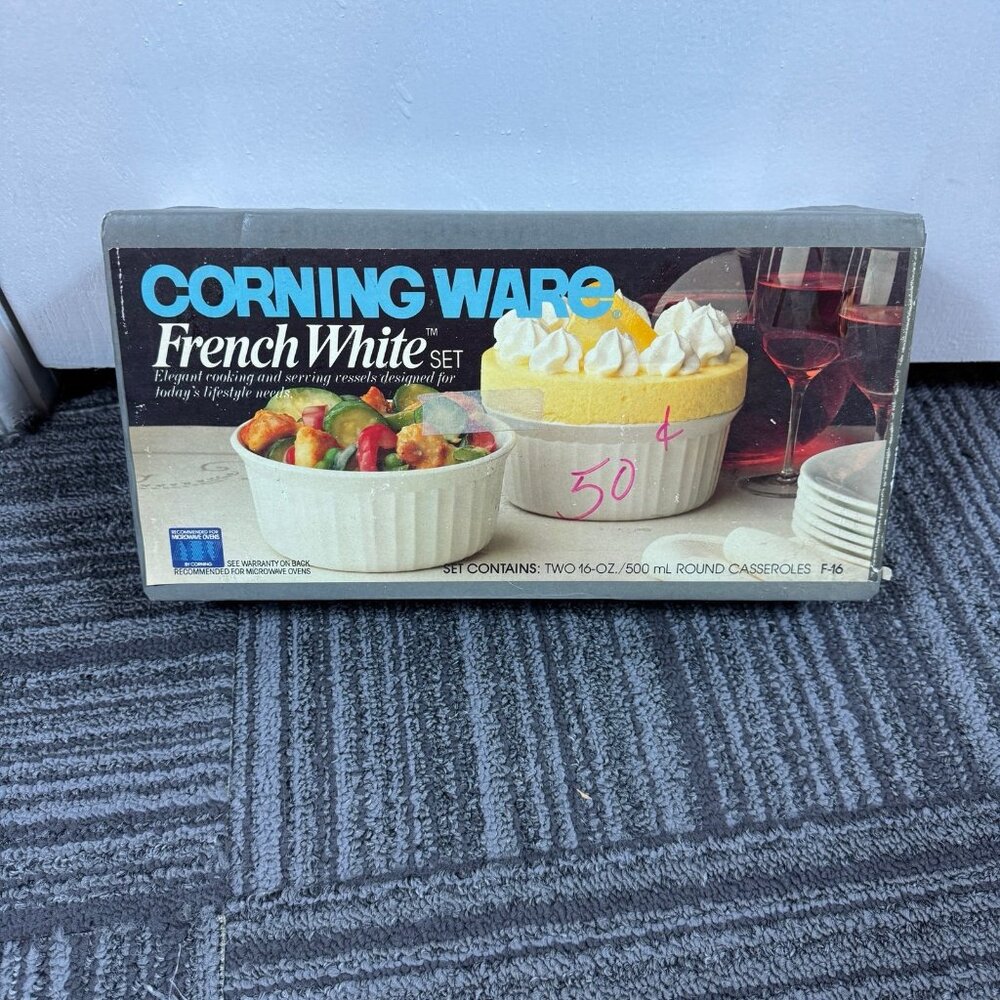 Corning Ware French White F-16 Set | Vintage 1980s | Two 16oz Round Casserole Di